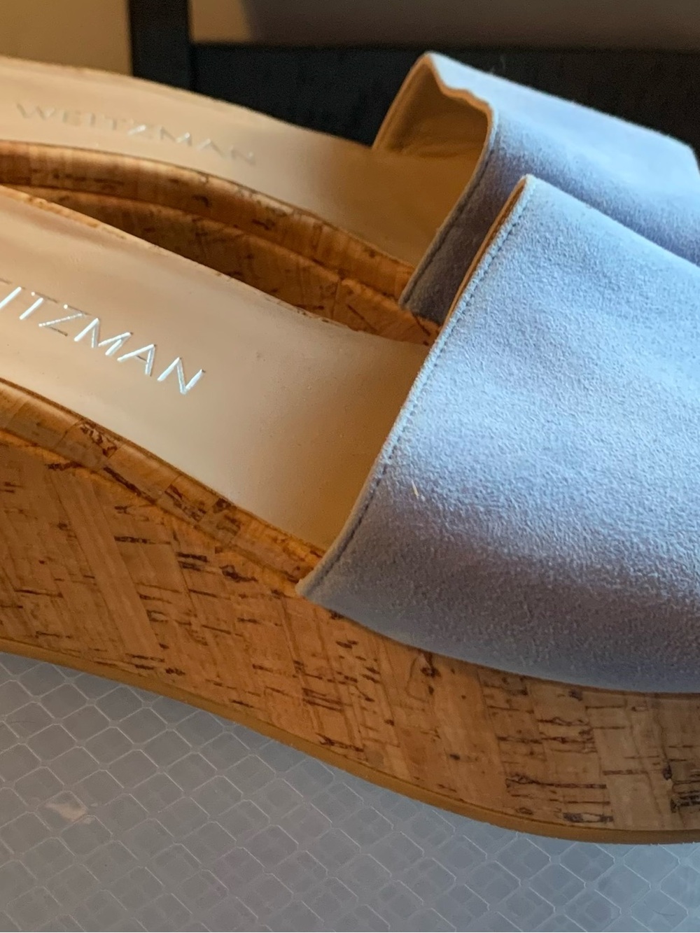 Stuart Weitzman Light Blue Suede Cork Wedge Mules